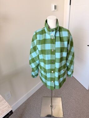 Talbots Green and Light Blue Checked Pea Coat
